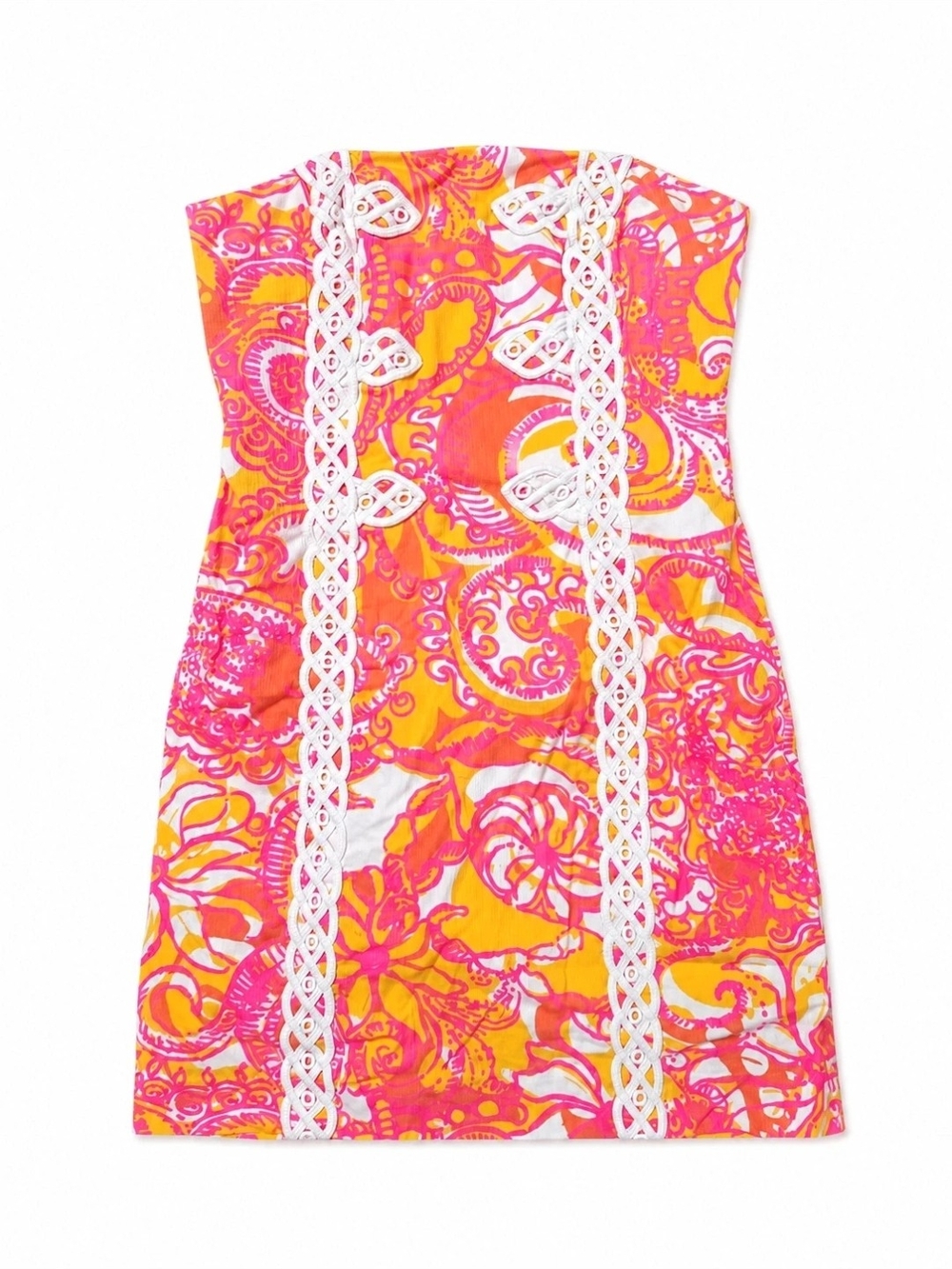 Lilly Pulitzer Pink & Orange Paisley Mini Dress with White Lace Trim